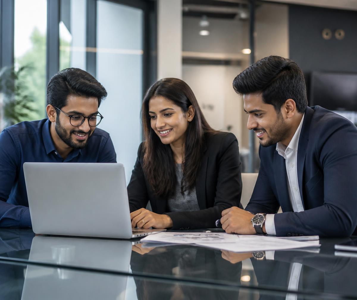 Indian startup founders reviewing growth and funding plans together in a modern office