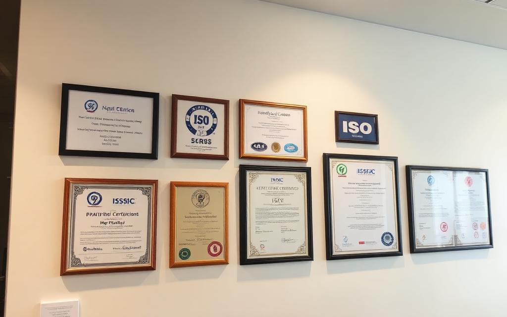 Framed ISO and quality certifications on an office wall