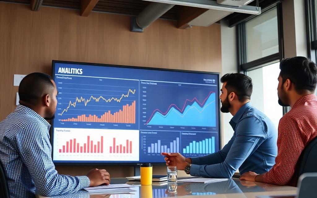 Marketing team reviewing growth analytics on a screen