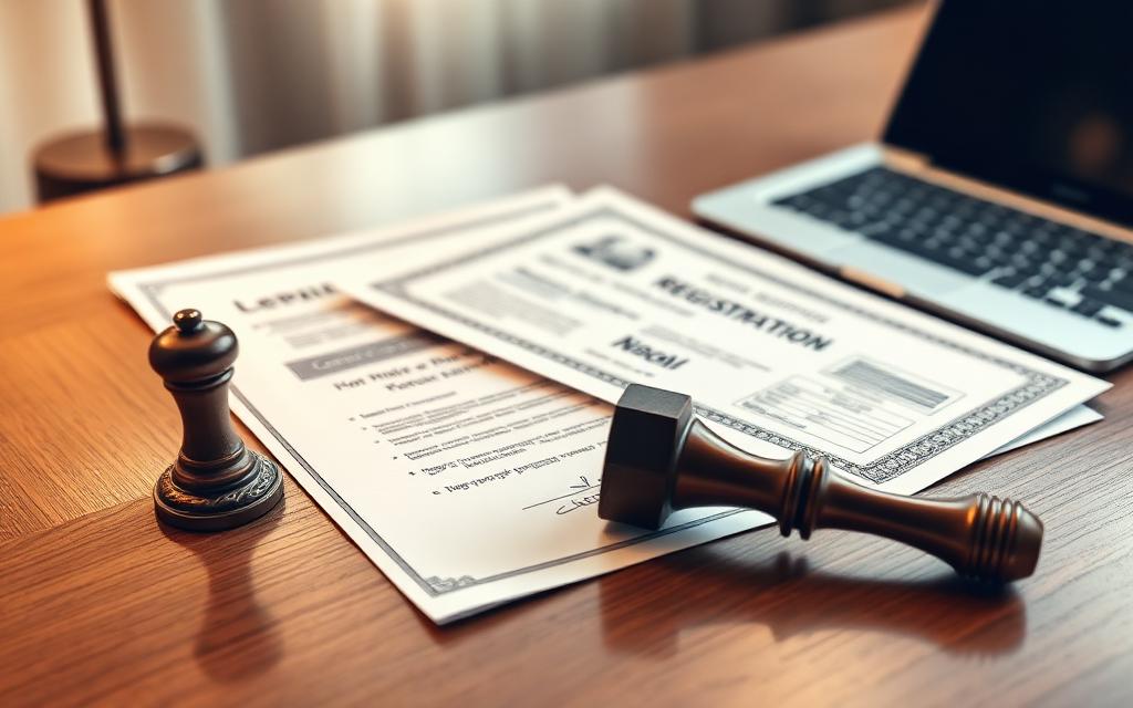 Company registration documents and seal on a desk