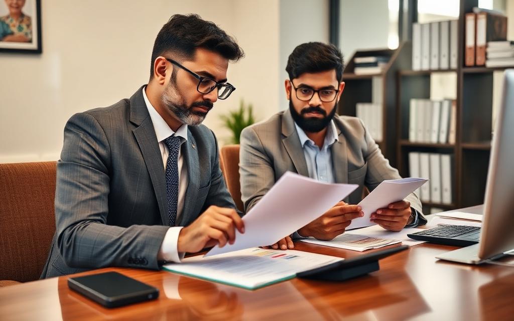Advisor and business owner reviewing loan documents